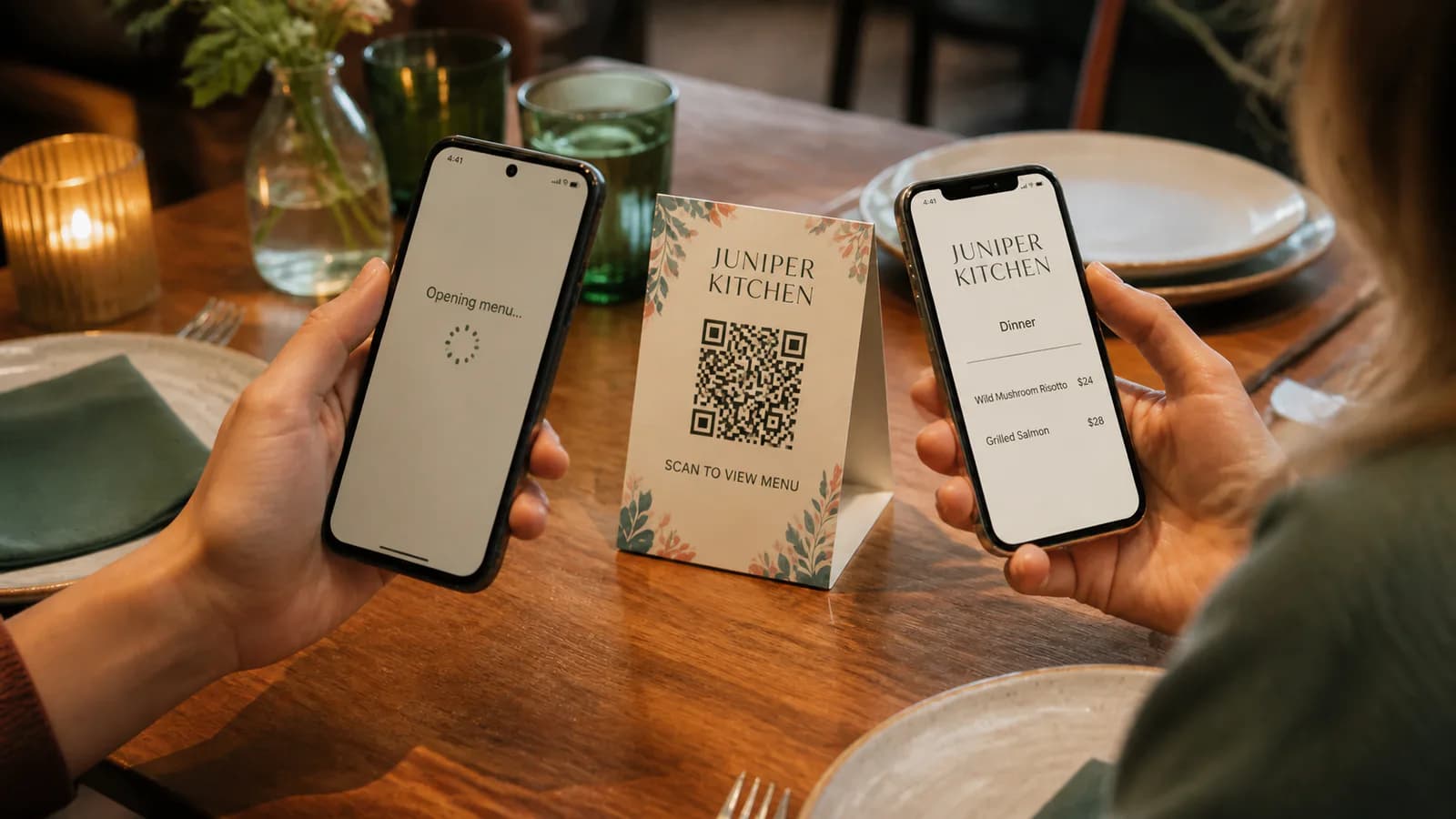 Two different phones testing the same restaurant QR menu card at a table
