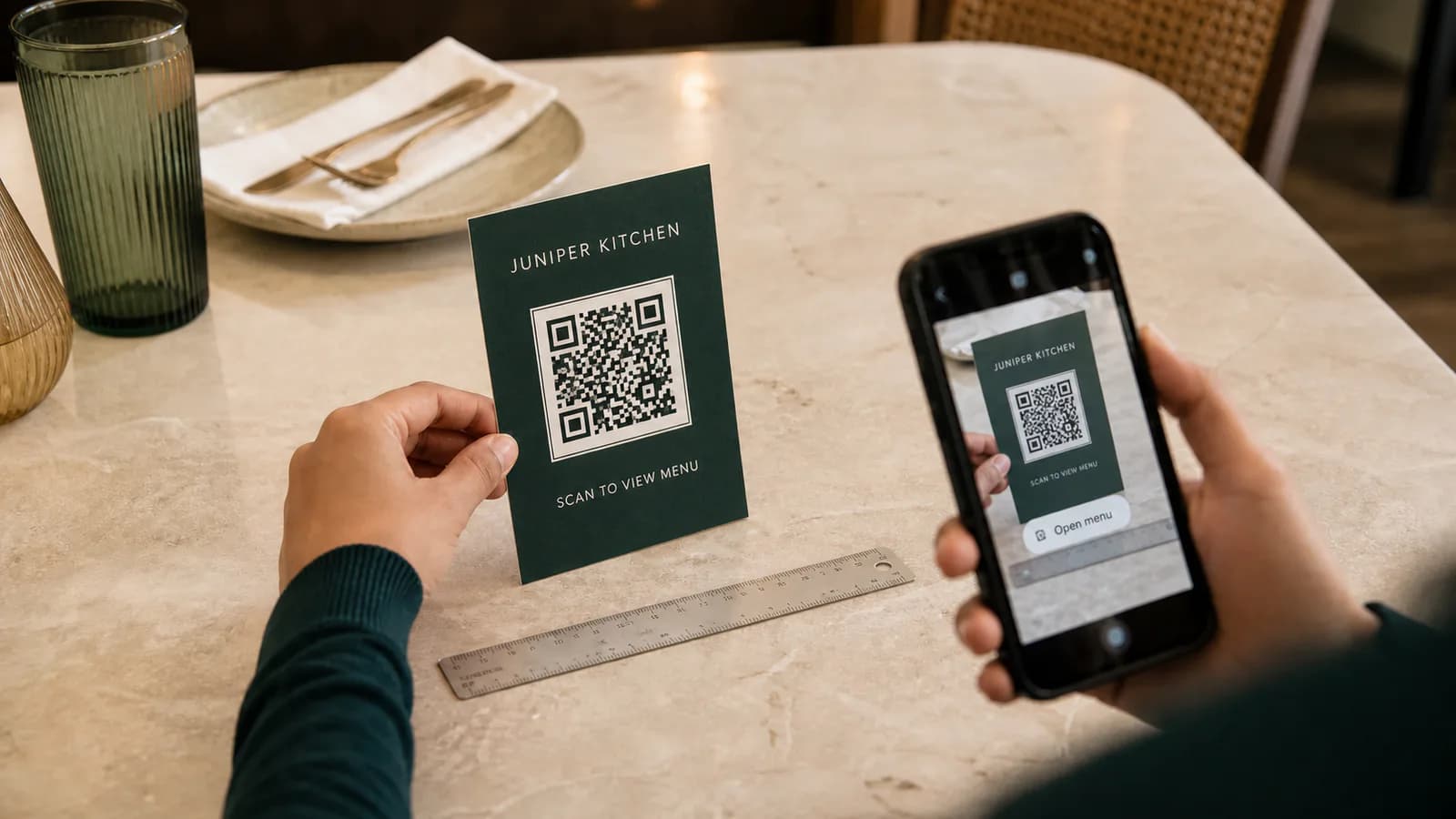 A printed QR table-card proof being checked with a phone and ruler at a restaurant table