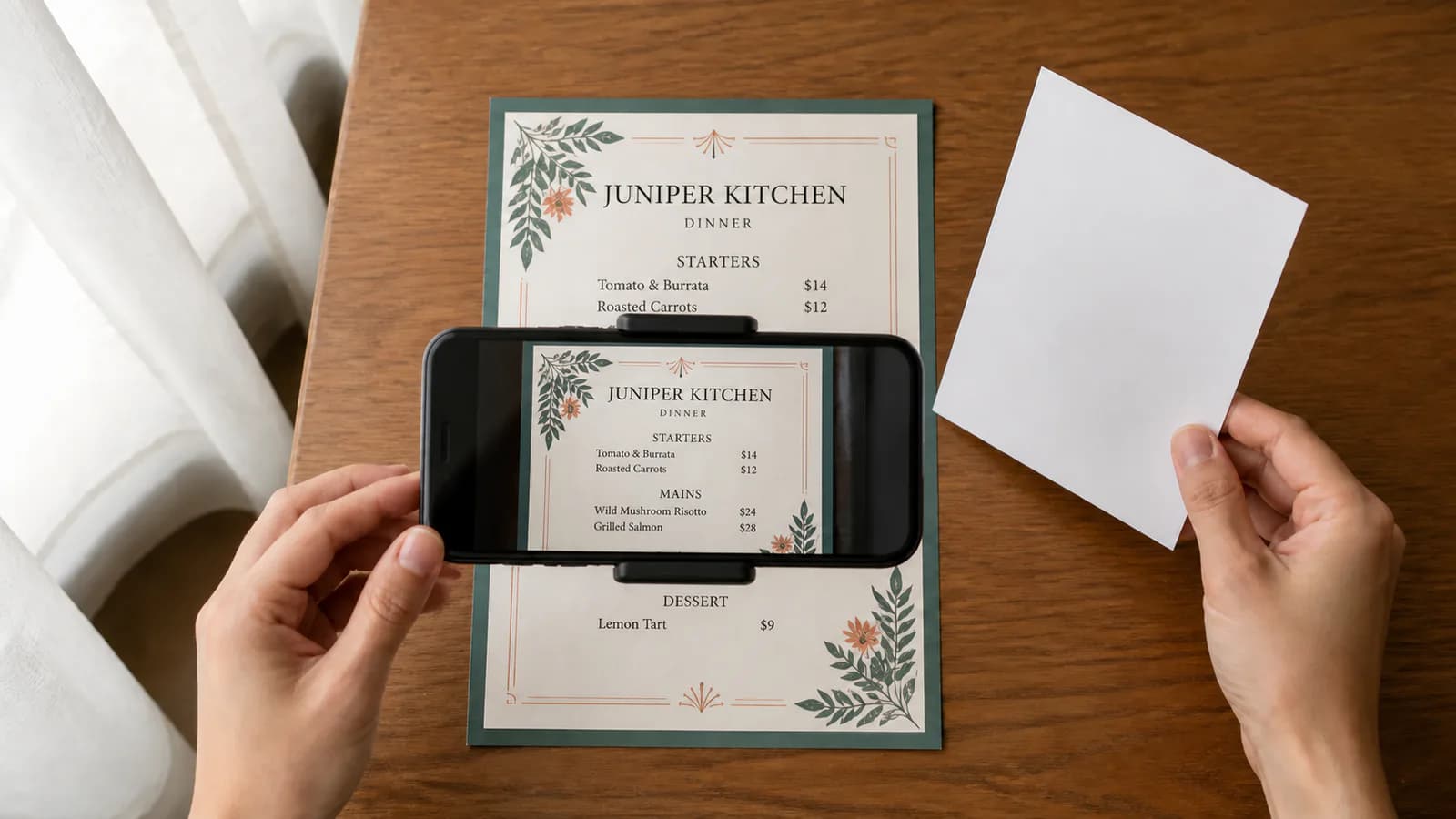 A phone held parallel above a menu page in soft window light, with a white card used to reduce glare