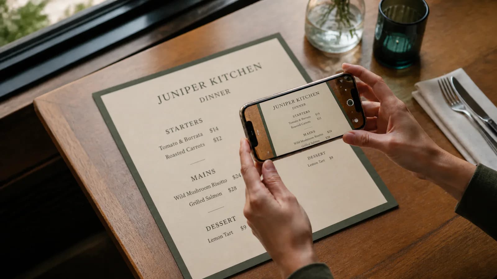 A restaurant owner photographing a printed menu on a table beside a window